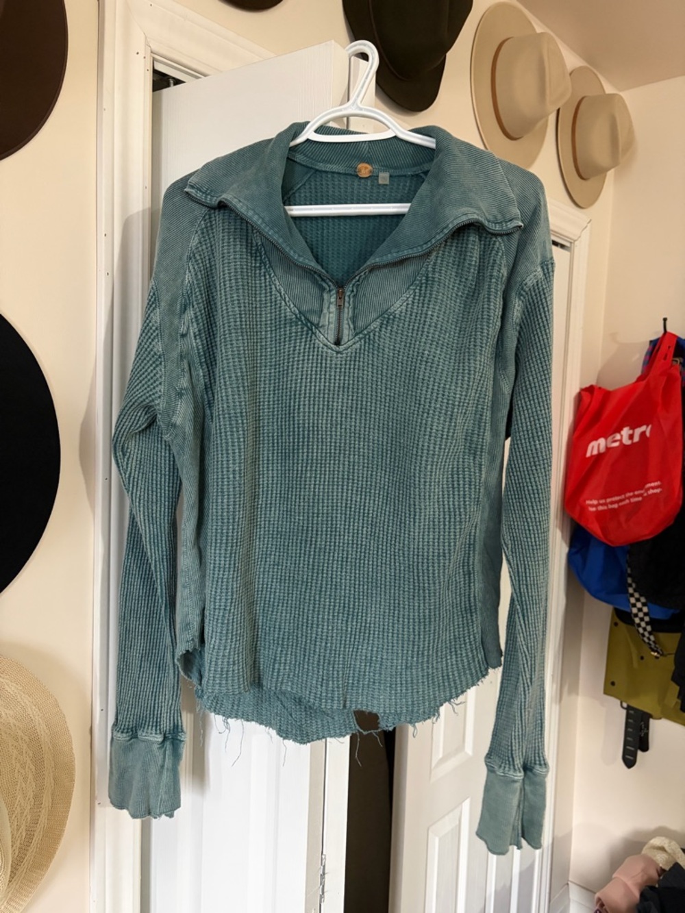 We The Free Distressed Thermal Pullover in Teal Green